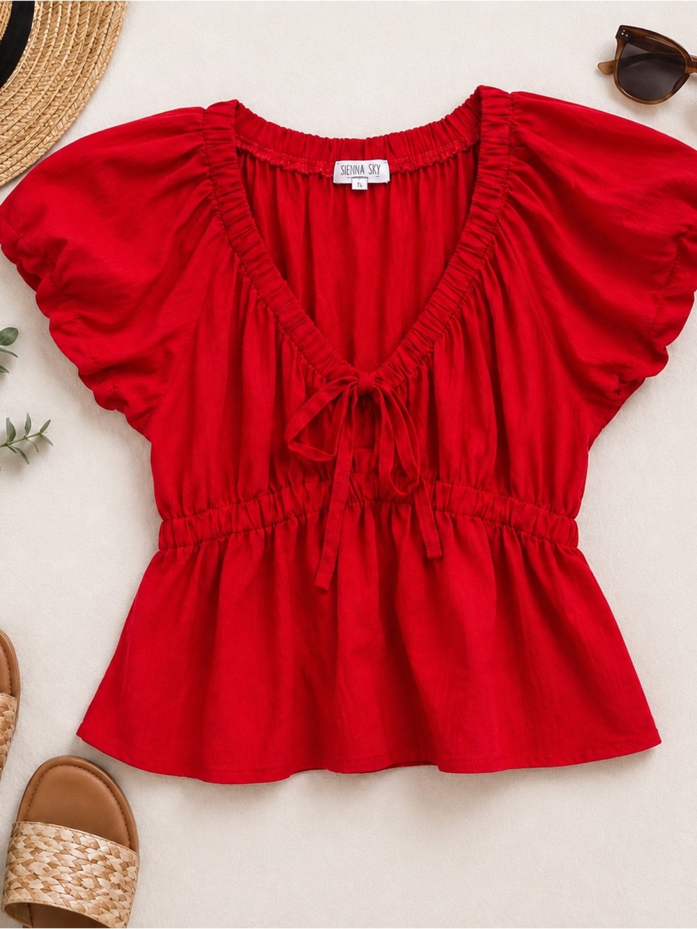 Siena Sky Blouse Womens XL Red Short Bubble Sleeve V-Neck Tie Front Peplum Top